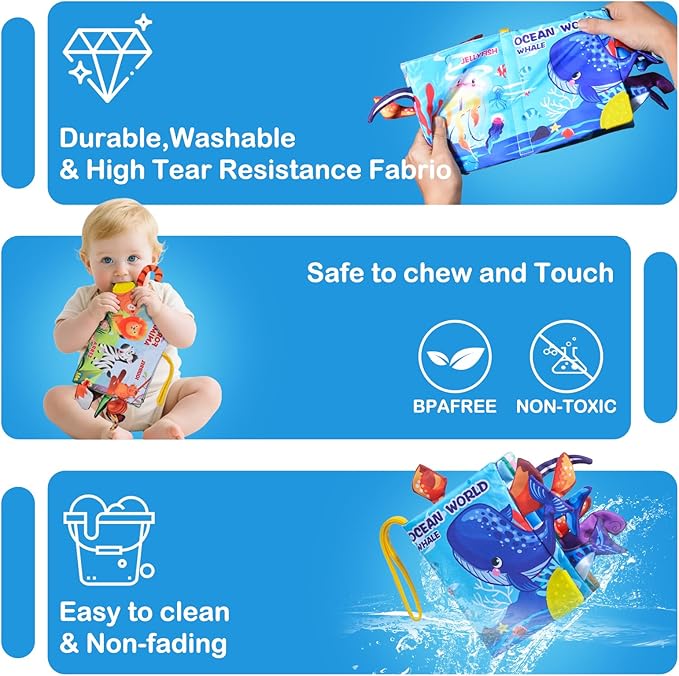 Baby Books 0-6 6-12 Months,Crinkle Books for Baby,Infant Tummy Time Toy High Contrast Sensory Book for Babies,Newborn Stocking Stuffers,Infants Soft Book, Bath Books for Babies Teether Toy