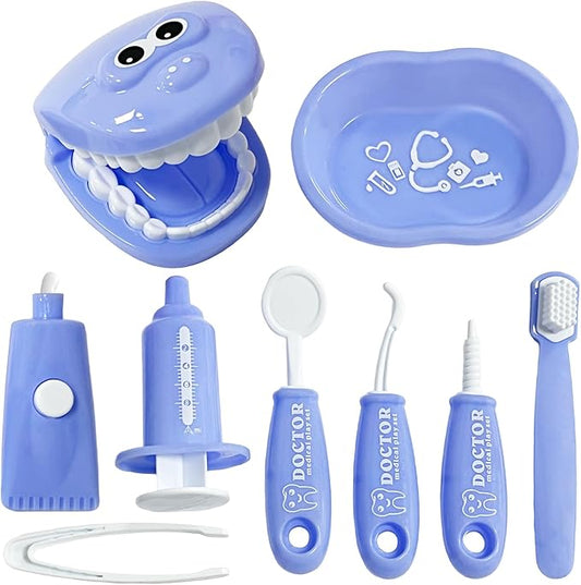 9-Piece Dental Pretend Play Set, Educational Dentist Play Kit with Teeth Model, Toothbrush, Dental Mirror, Syringe, Toothpaste, Tray, and Dental Tools, Fun Pretend Play Doctor Kit for Kids (Purple)
