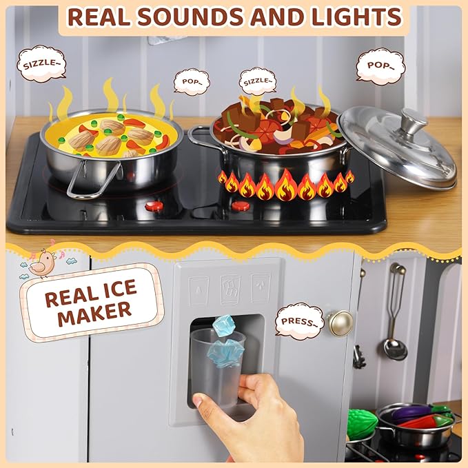 Wooden Play Kitchen for Kids, Toddler Vintage Kitchen Toy Set w/Pretend Phone, Ice Maker, Towel Rack, Height Adjustable Realistic Playset Chef w/Light & Sound (Gray)