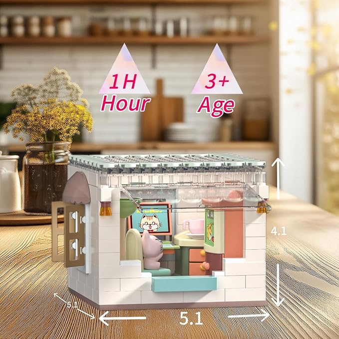 Koko's Cat Town DIY Miniature House Kit,Tiny House Home Office Building Kits,Purrfect Dollhouse with 254PCS,Gift for Cat Lovers Teens Kids Ages 3+. Purr-FECT Gift! (HY-120A2)