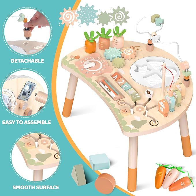 Wooden Activity Table, 9-in-1 Montessori Sensory Play Table with Shape Sorter Fishing Game Bead Maze, Baby Activity Center Learning Toys for Toddler