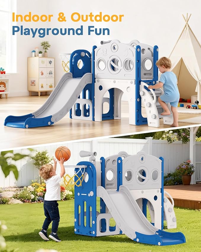Babytronic Toddler Slide, 8 in 1 Kids Slide with Basketball Hoop, Telescope and Climber, Baby Slide Toddler Playground, Indoor Outdoor Playset for Toddlers Age 1-3, Kids Indoor Playground (Blue&Gray)