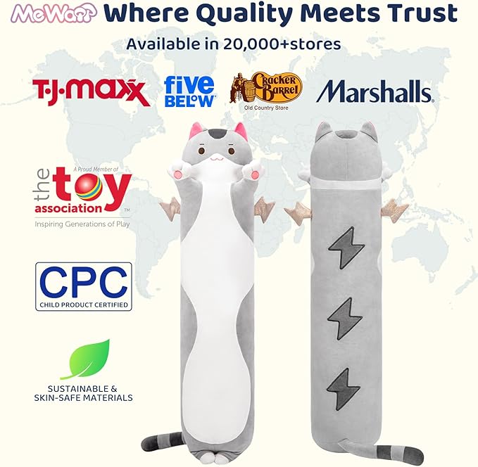 Mewaii 20” Long Cat Plush 5 Sizes, 120% Extra Filling Giant Plushness Kids Body Pillow, Kawaii Cute Grey Cat Stuffed Animals Plushies, Big Long Body Pillow Cat Plush Gift for Girls 20”
