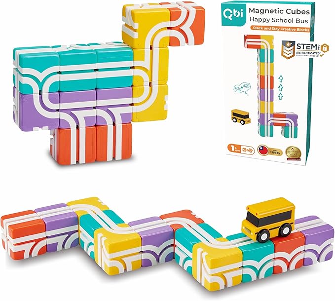 QBI Magnetic Blocks STEM Toys for Toddlers Aged 1+ Year Old Boys & Girls｜3D Colorful Magnetic Building Blocks with School Bus｜Magnet Block for Kids｜Educational & Montessori Preschool Kids Toy (13PCS)
