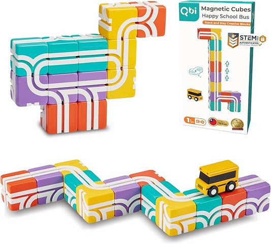 QBI Magnetic Blocks STEM Toys for Toddlers Aged 1+ Year Old Boys & Girls｜3D Colorful Magnetic Building Blocks with School Bus｜Magnet Block for Kids｜Educational & Montessori Preschool Kids Toy (13PCS)