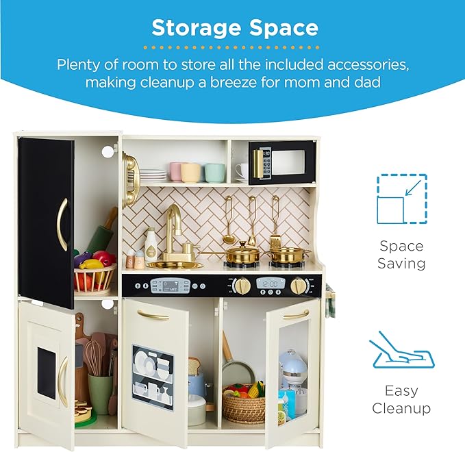 Best Choice Products Pretend Play Kitchen Wooden Toy Set for Kids w/Realistic Design, Telephone, Utensils, Oven, Microwave, Sink - Cream