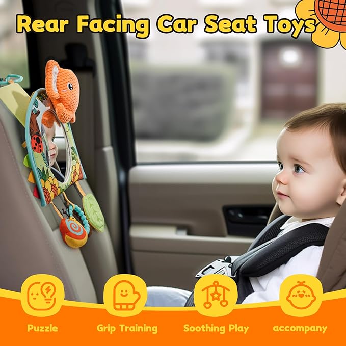 Koty Car Seat Toy - Kick and Play Activity Center with Mirror,Teether and Crinkle, Fun Travel Baby Toy for Rear Car Seat, Easier Drive with Newborns, Babies, Hanging Toys for Infants 0-6-12-18 Months