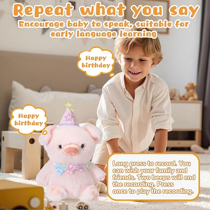 Birthday Interactive Pig, Musical Birthday Stuffed Animal, Clapping Activates Singing Dancing Shaking, Cute Pig Plush Recording Mimicking Toy Gifts for Kids Girls Boys