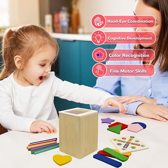 Wooden Montessori Toys for Toddlers, Color & Shape Sorting Matching Games, Fine Motor Skills Sensory Preschool Learning Educational Toys Baby Boys Girls Gifts (3 in 1)