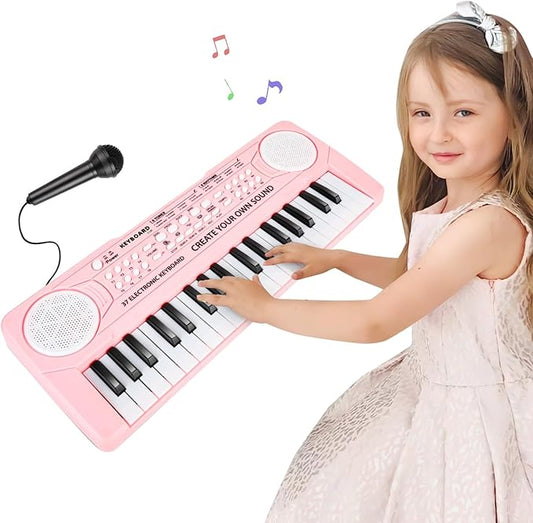 Kids 37 Keys Piano Keyboard | Music Piano Toys with Microphone | Portable Dual Speaker Electronic Pianos Keyboards, Birthday Gift for Beginners Girls Ages 3 4 5 6, Pink