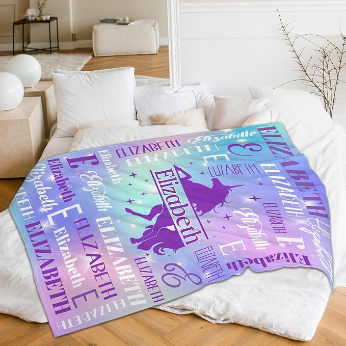 Girls Blankets, Custom with Name Unicorn Throws Gifts for Kids Teens Women, Personalized Soft Comfy Monogram Flannel Fleece Blanket for Bed Couch Sofa Home Decor, Unicorn Stuff Themed Gifts