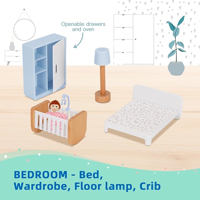 OOOK Wooden Dollhouse Furniture Set for Kids, 26 Pcs Dollhouse Accessories with 4 Family Dolls and Dog, Miniature Doll House Furniture Toys Pretend Play Set for G irls Boys Age 3+