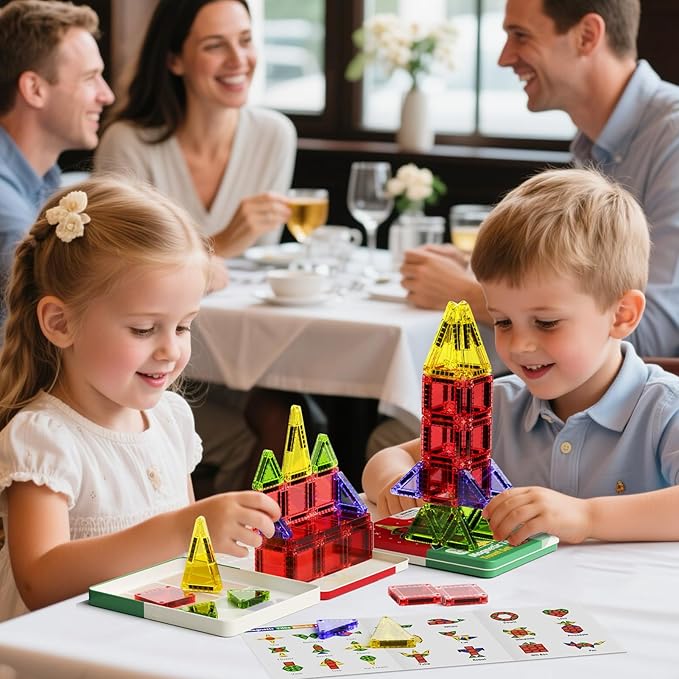 Christmas Magnetic Tiles for Kids, 26 PCs Mini Magnetic Building Blocks with Festive Iron Storage Box, STEM Travel Toys for Toddlers Ages 3-5+, Educational Learning Gift for Boys & Girls