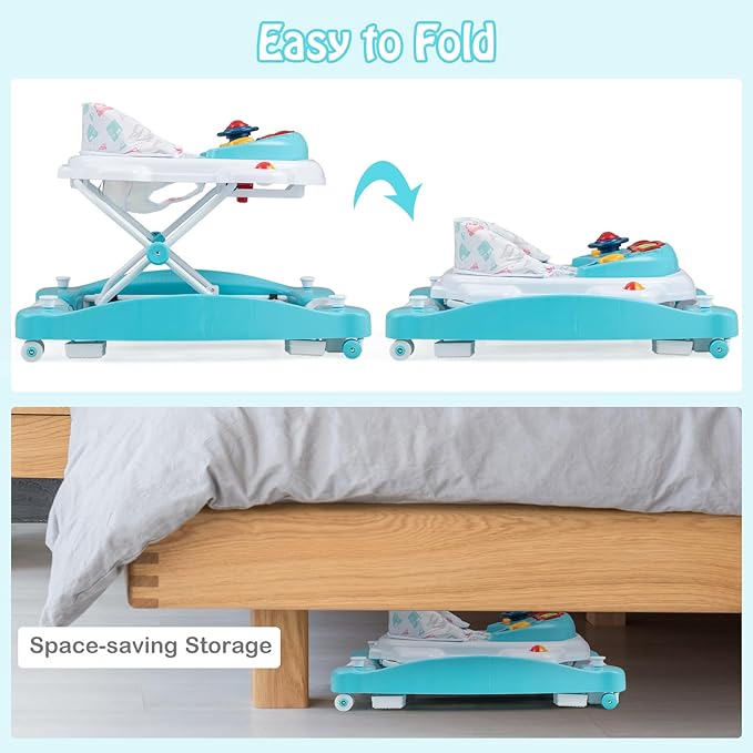 HONEY JOY Baby Walker, 6-in-1 Foldable Baby Walker and Bouncer Combo, Infant Activity Walker with Wheels, Adjustable Heights, Rocker, Music, Lights, Walker for Baby Boy Girl 7-14 Months (Green)