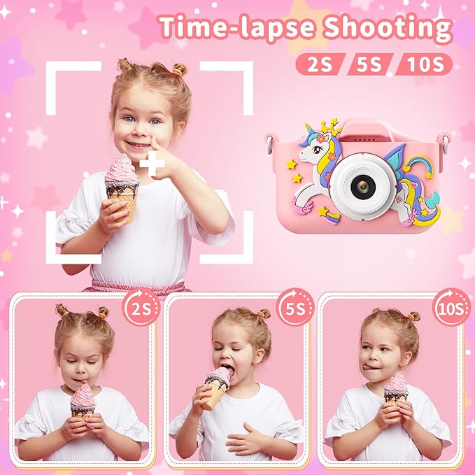Pink Unicorn Kids Camera, Digital Camera for Toddler Boys Girls Children Selfie Camera Toy with 2 Inch Screen, 32GB Card for Age 3-12 Birthday (A Pink Unicorn)