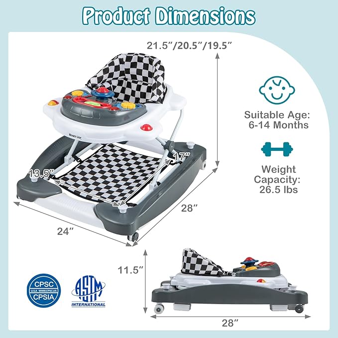 HONEY JOY Baby Walker, 6-in-1 Foldable Baby Walker and Bouncer Combo, Infant Activity Walker with Wheels, Adjustable Heights, Rocker, Music, Lights, Walker for Baby Boy Girl 7-14 Months (Gray)