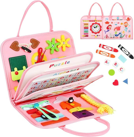 8 in 1 Toddler Busy Board for 1 Years Old, Montessori Toy Busy Book for Toddlers 1-3 Educational Toy Activity for Basic Motor Skills, Kid Travel Essential 2-4 Yr Christmas Birthday Gift for Girl