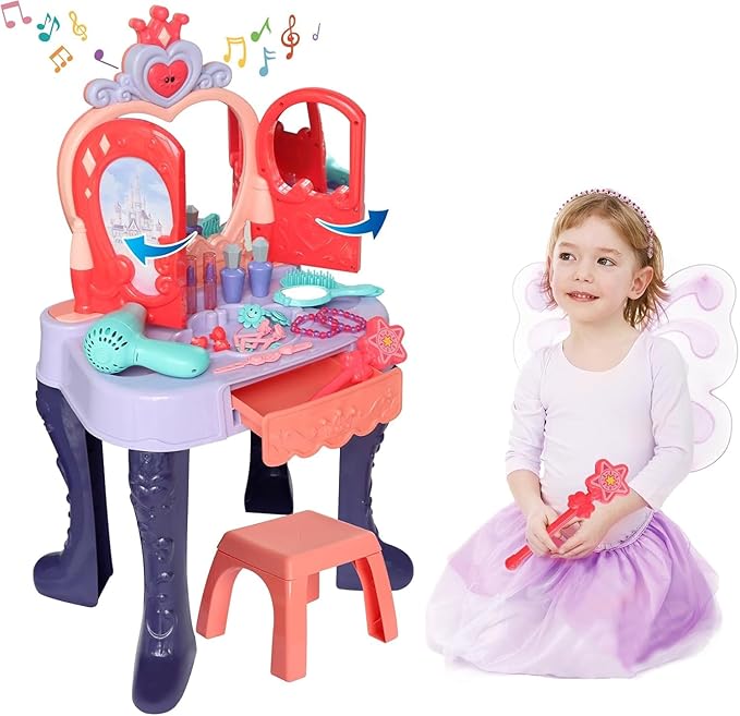 Toddler Vanity Makeup Table with Mirror and Chair, Open Doors by Gestures, Kids Vanity Set with Lights and Music with Makeup Accessories & Hair Dryer, Girls Vanity for Toddlers 3 4 5 Years Old