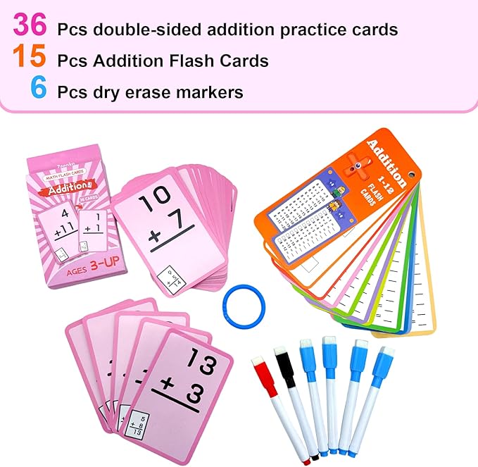 1-12 Math Flash Cards with 6 Dry Erase Pens, 15Pcs Big Addition Flash Cards + 36 Pcs Random Double-Sided Addition Practice Card, Educational Math Flashcards for Kids Ages 3+