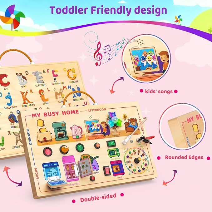 Montessori Wooden Busy Board for Toddlers 1-3 - Light Up LED Switch Sensory Board, Home Kitchen Themed Educational Learning Toy, Portable Travel Car Activities Gifts for 1 2 Year Old Boys Girls