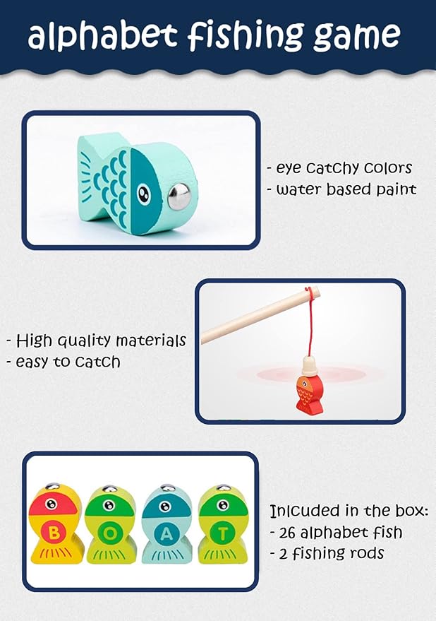 Haktoys Magnetic Wooden Alphabet Fishing Game with Ocean Sticker Book – Montessori ABC Toy with 26 Lettered Fish & 2 Poles – Educational Travel Toy for Toddlers, Boys & Girls Ages 3+
