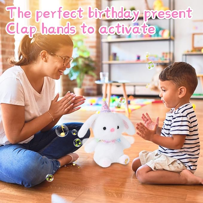 Birthday Bunny Plush Toy Clap Activated with Voice Recording Singing Dancing Interactive Stuffed Animal Gift for Toddler Kids Boys Girls