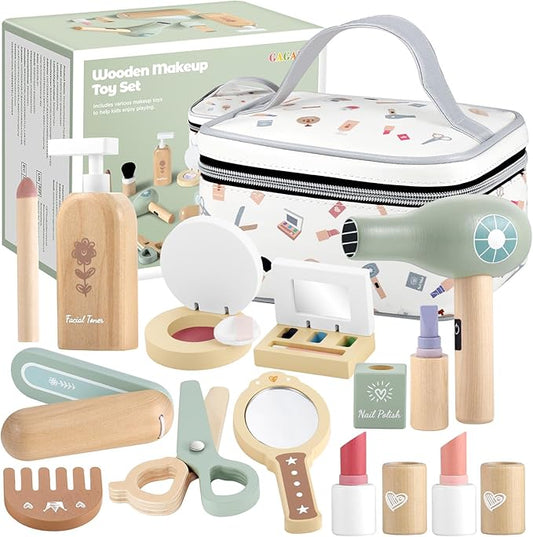 GAGAKU Wooden Makeup Toy Set for Toddlers 3-8, Pretend Play Makeup Kit with 16 Realistic Accessories Including Lipstick, Perfume & Mirror, Ideal Kids Dress-Up Gift for Girls Ages 3-5
