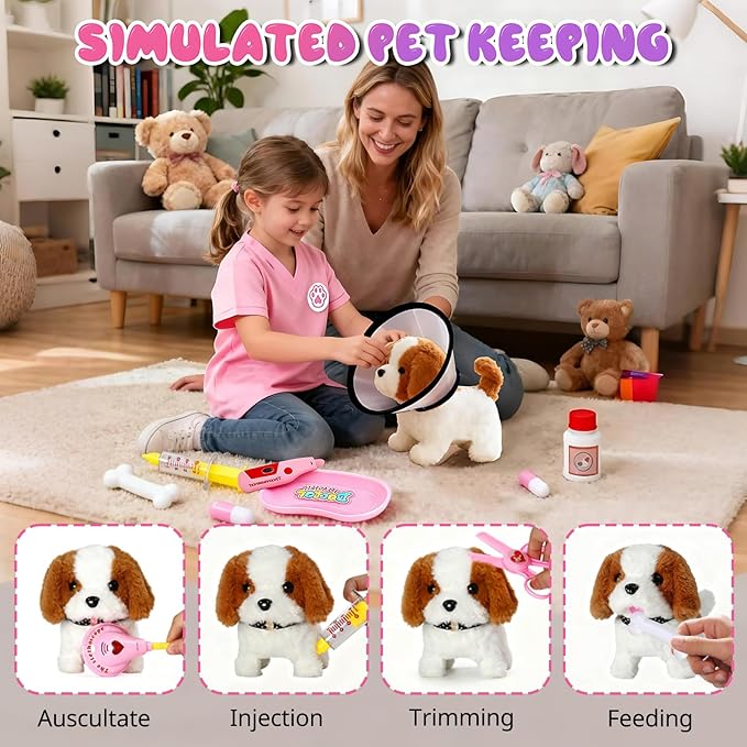 UBeesize Electronic Dog Toy Doctor Kit for Toddlers 3-5, Kids Doctor Play Set with Interactive Plush Dog, Medical Toy Kits and Costume, Pretend Vet Playset for 3 4 5 Year Old Girl Birthday Gifts Pink