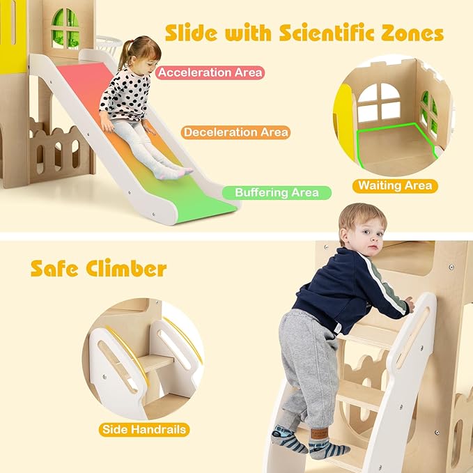 Costzon Wooden Toddler Slide, 7-in-1 Climber Playset with Slide, Basketball Hoop, Extra-Long Aisle, Peek-a-Boo Window, Crawling Tunnel & Storage Space, Indoor Outdoor Playground Slide for Kids