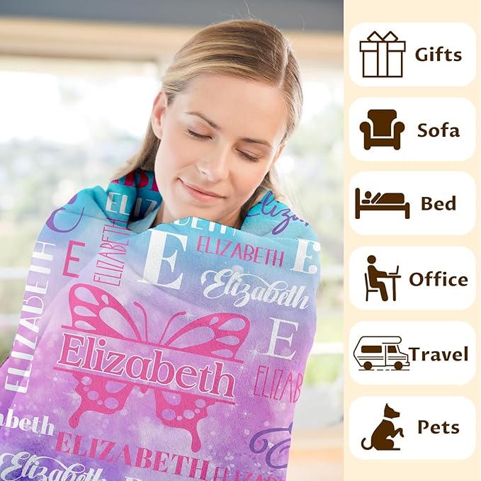 Blankets for Kids Girls 6-8, Custom Butterfly Gifts for Children Teens, Personalized with Name Soft Flannel Lightweight Monogram Name Accessories Blanket for Travel Camping Outdoor Decoration