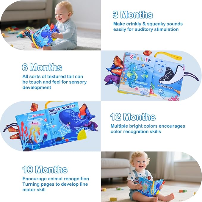 Baby Books Toys,Touch and Feel Crinkle Cloth Book for Infant Baby 0-18 Months Sensory Book for Babies,Teething Toys Tummy Time Crinkle Book for Infant Babies,Newborn Stocking Stuffers
