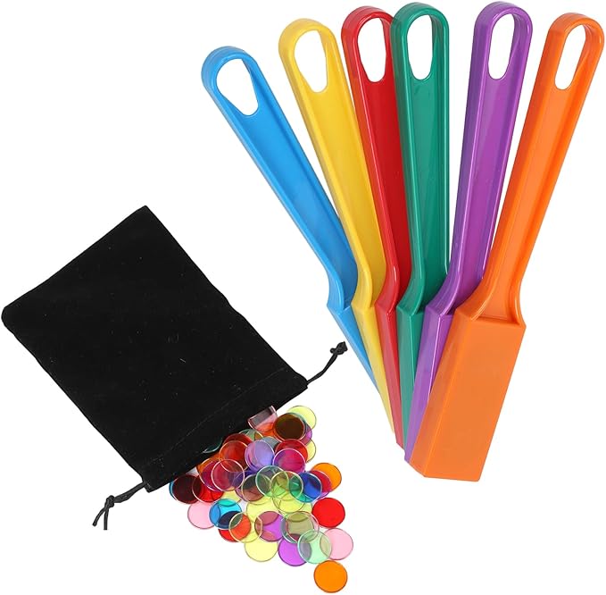 Magnetic Bingo Chips with Wand - 6 Pack for Large Group Games,Family Game Night, Sensory Bins,Counting and Sorting,Science& Educational Activities (Colorful with Bag(6 Pack-500 Metal Chips))