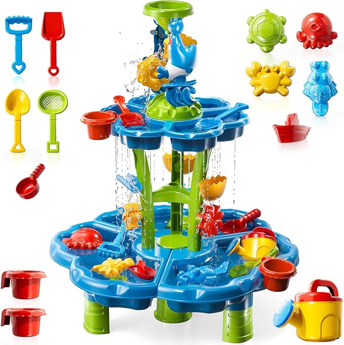 Water Table for Toddlers 3-5 4-8, 2-Tier 3 in 1 Kids Sand and Water Table, Summer Outdoor Beach Outside Backyard Activity Sensory Water and Sand Tables, Birthday Party Gift for Kids Boys and Girls