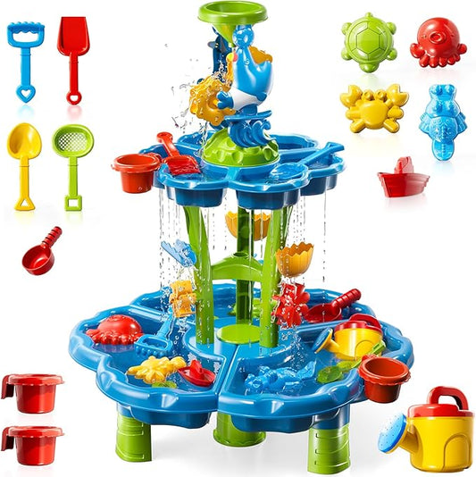 Water Table for Toddlers 3-5 4-8, 2-Tier 3 in 1 Kids Sand and Water Table, Summer Outdoor Beach Outside Backyard Activity Sensory Water and Sand Tables, Birthday Party Gift for Kids Boys and Girls