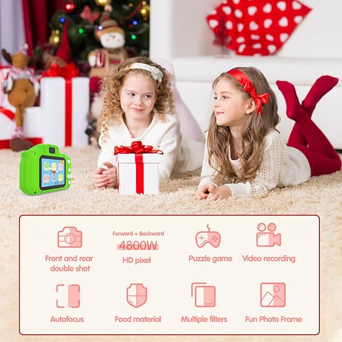 Kids Camera for 3-9 Year Old Boys Girls, Children Digital Camera with Cute Cartoon Soft Cover & 32GB SD Card, Best Christmas Birthday Gifts for Grandkids, Halloween Party Favors for Kids - Green