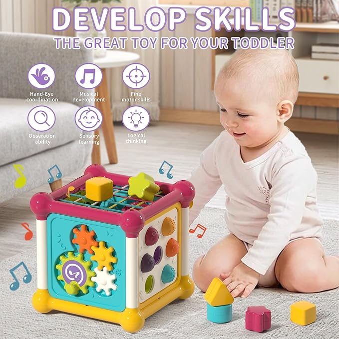 Baby Activity Cube, Cube Toys for Babies 6-12 Months, Toddler Music Busy Board with 4 Sensory Shape Blocks, 6-in-1 Educational Early Development Toy, Christmas, Birthday Gift for 1 Year Old