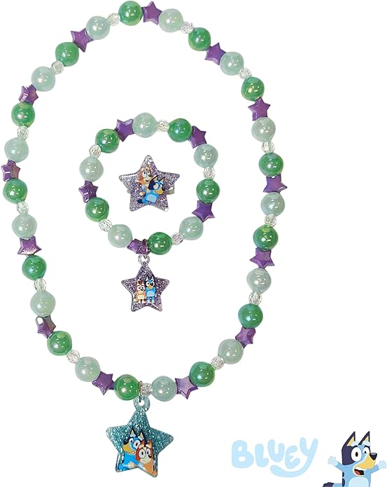 LUV HER Bluey Girl's Jewelry Set - Dress up Toy Jewelry Box Set with Bead Necklace, Bracelet and Ring - Play Accessories - Ages 3+