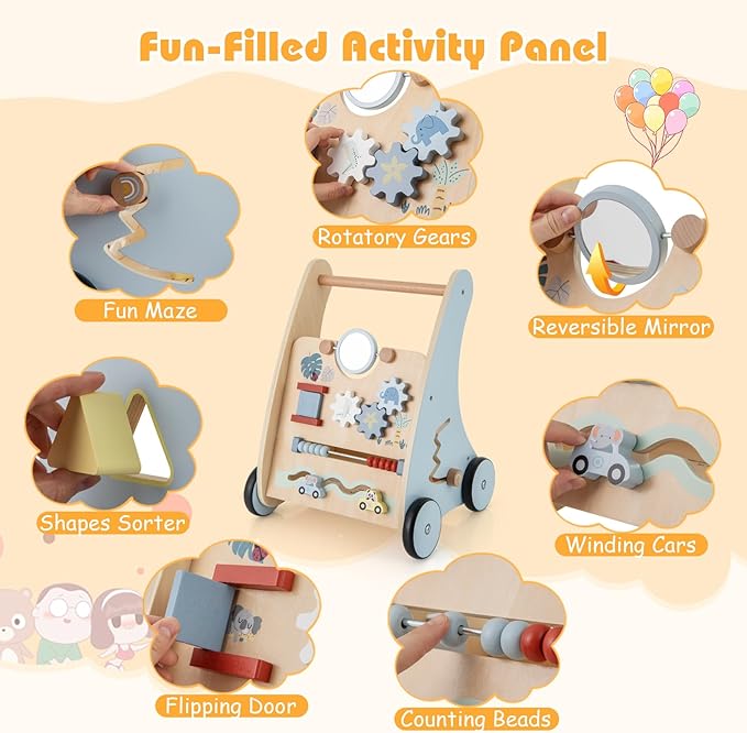 HONEY JOY Baby Push Walker, Wooden Infant Walker Activity Center with Shape Sorter, Develop Motor Skills & Creativity, Push Toys for Babies Learning to Walk, Gift for Boys and Girls, Blue