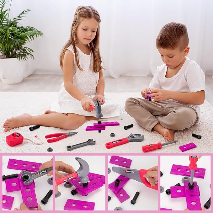 LOYO Kids Tool Set - Toddler Tool Set with Kid Tool Belt Tool Box & Electronic Toy Drill, Kids Construction Toys for Girls Boys Gift for Toddlers Girls Ages 3, 4, 5, 6, 7 Years Old