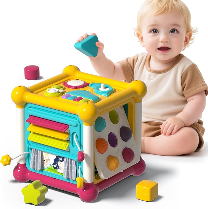 Baby Activity Cube, Cube Toys for Babies 6-12 Months, Toddler Music Busy Board with 4 Sensory Shape Blocks, 6-in-1 Educational Early Development Toy, Christmas, Birthday Gift for 1 Year Old