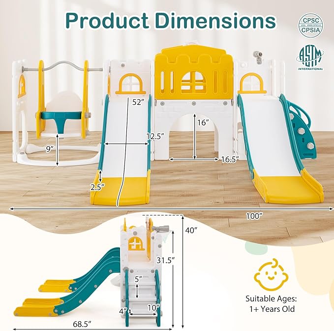 Costzon 10 in 1 Toddler Swing and Slide Set, Double Kids Slide and Climber Playset w/Aisle, Peek-a-Boo Window & Storage Space, Baby Indoor Playground for Aged 1+ (Yellow-2 Slides,100" × 59" × 40")