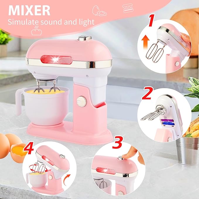 Play Kitchen Accessories, Pretend Play Kitchen Appliances Toy Set with Coffee Maker Machine, Toaster, Mixer, Blender with Realistic Lights & Sounds, Birthday Gifts for Girls Age 3-5 4-8 6-8