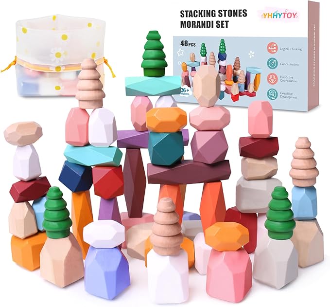 48 PCS Wooden Stacking Rocks Stones Building Blocks, Montessori Toys for 3+ Year Old Preschool Learning Activities Balancing Stacking Game, Birthday Gifts for 3 4 5 6 Year Old Girls Boys Kids