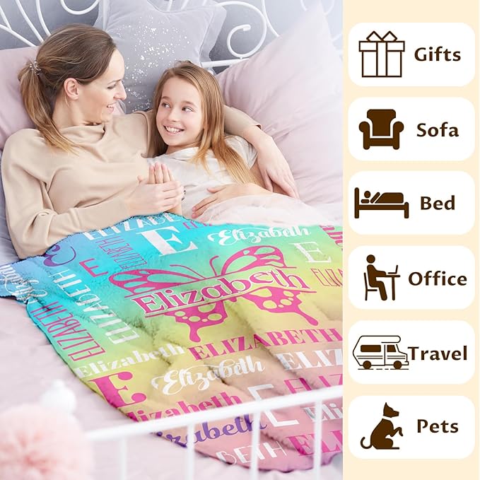 Butterfly Blanket and Throw, Personalized Girls Blankets for Kids, Women, Soft Cozy & Warm Butterfly Throws for Sofa Office Trip Chairs Camping, 4 Sizes for Toddler/Children/Teens/Adults