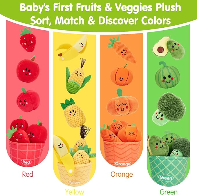 hahaland Montessori Toys for 1 Year Old - Color Sorting Fruits & Veggies Sensory Baby Toys 6-12 Months, 17 PCS Plush Play Food with Caterpillar Storage Bag, Baby Stocking Stuffers First Learning Gifts