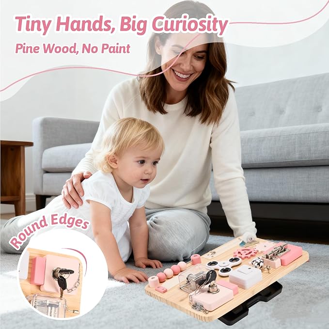 Potatomato Pink Montessori Wooden Busy Board – Sensory Fine Motor Skill Toy for Toddlers – Educational Activity Board for Kids – Travel Fidget Toy for Girls & Boys – Birthday Gift for Autism & ADHD