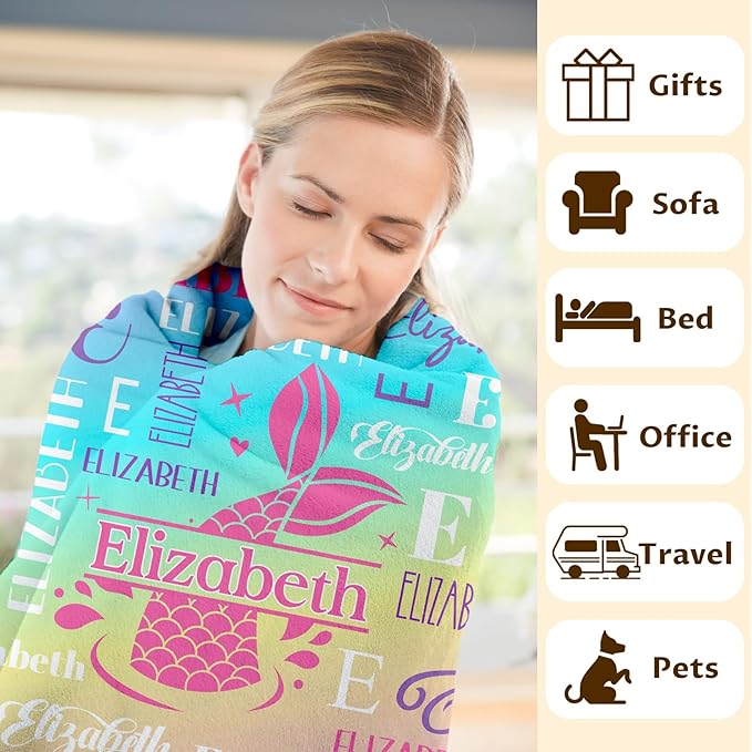 Girls Blankets, Custom with Name Mermaid Throws Gifts for Kids Teens Women, Personalized Soft Comfy Monogram Flannel Fleece Blanket for Bed Couch Sofa Home Decor, Mermaid Stuff Themed Gifts