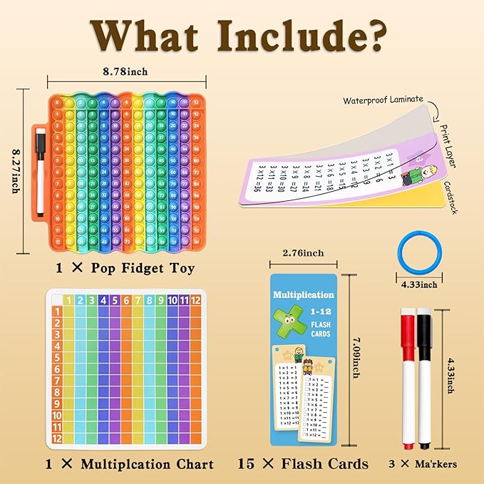Multiplication Flash Cards + Pop Fidget Multiplication Chart, Times Table Educational Flashcard 3rd Grade, 4th, 5th, 6th Grade