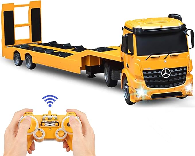 DOUBLE E Benz Authorized Remote Control Semi Truck with 2 Batteries 2.4Ghz Trailer RC Flatbed Trailer Crane Tractor, Electronics Construction Vehicles Toy with Sound and Lights