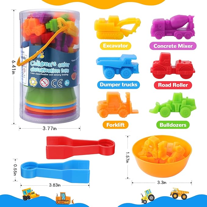 USATDD Counting Construction Vehicles Color Sorting Preschool Learning Matching Games Fine Motor Skills Toys Montessori Classroom Sensory Table Toys for Kids for Toddlers 3 4 5